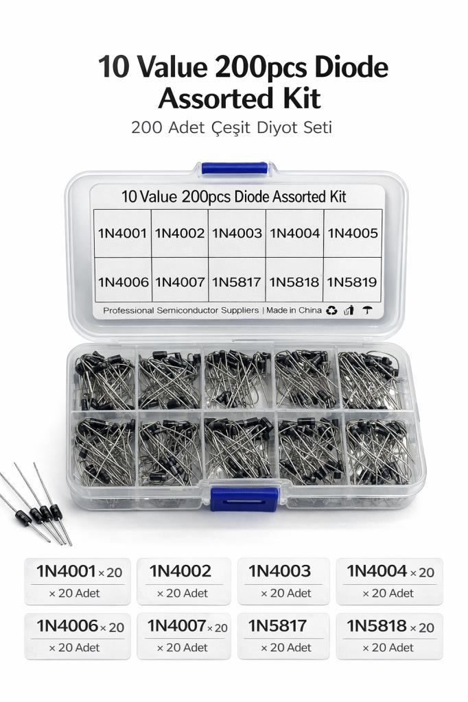 10 ÇEŞİT 200 ADET 1N4001-4002-4003-4004-4005-4006-4007-5817-4818-5819  DİYOT SET (X146)