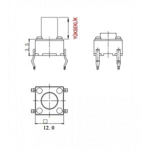 TACT BUTON  12x12 Siyah 8 mm Yuvarlak TC-12 (EA-X) IC-202