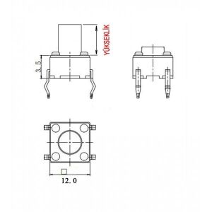 TACT BUTON  12x12 Siyah 8 mm Yuvarlak TC-12 (EA-X) IC-202