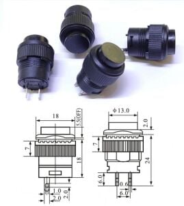 Buton Siyah Yuvarlak 16mm Ø R16-503B 2 Pim Işıksız ( Yaylı Tip )