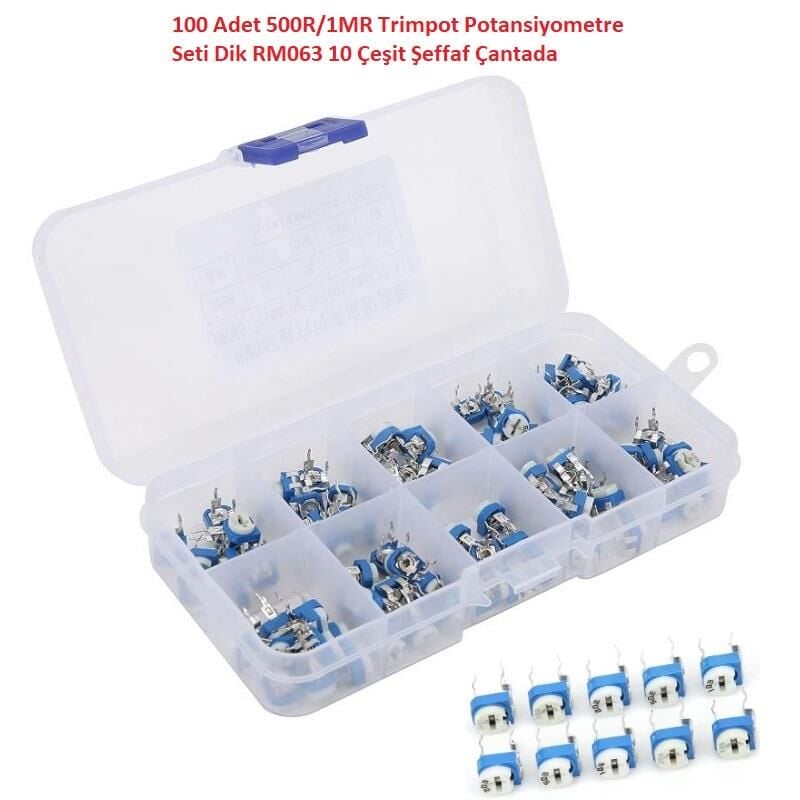 100 Adet 500R/1MR Trimpot Potansiyometre Seti Dik RM065 10 Çeşit Şeffaf Çantada