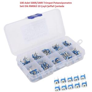 100 Adet 500R/1MR Trimpot Potansiyometre Seti Dik RM065 10 Çeşit Şeffaf Çantada