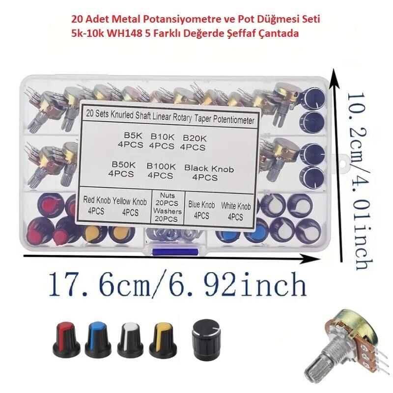 20 Adet Metal Potansiyometre ve Pot Düğmesi Seti 5k-10k WH148 5 Farklı Değer Şeffaf Çantada
