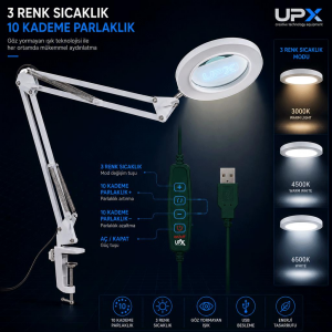 Upx 803L Masa Tipi Büyüteç 5x Usb Akrobat Hareket 12w 3 Renk Led 107mm lens( Adaptör  Dahil Değild)r