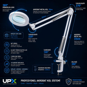 Upx 803L Masa Tipi Büyüteç 5x Usb Akrobat Hareket 12w 3 Renk Led 107mm lens( Adaptör  Dahil Değild)r