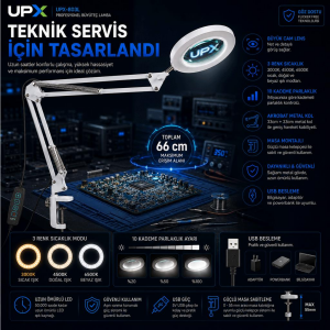 Upx 803L Masa Tipi Büyüteç 5x Usb Akrobat Hareket 12w 3 Renk Led 107mm lens( Adaptör  Dahil Değild)r