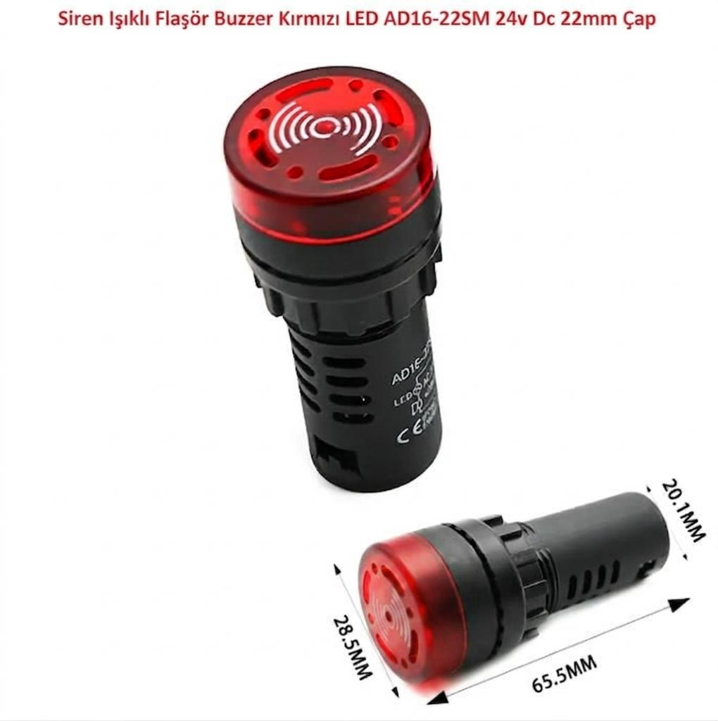 Siren Işıklı Flaşör Buzzer Kırmızı Led AD16-22SM 24v Dc 22mm Çap