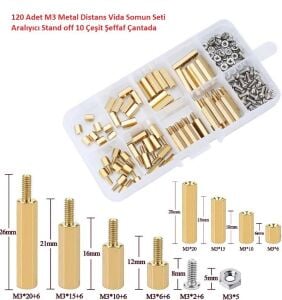120 Adet M3 Metal Distans Vida Somun Seti Aralıyıcı Stand off 10 Çeşit Şeffaf Çantada