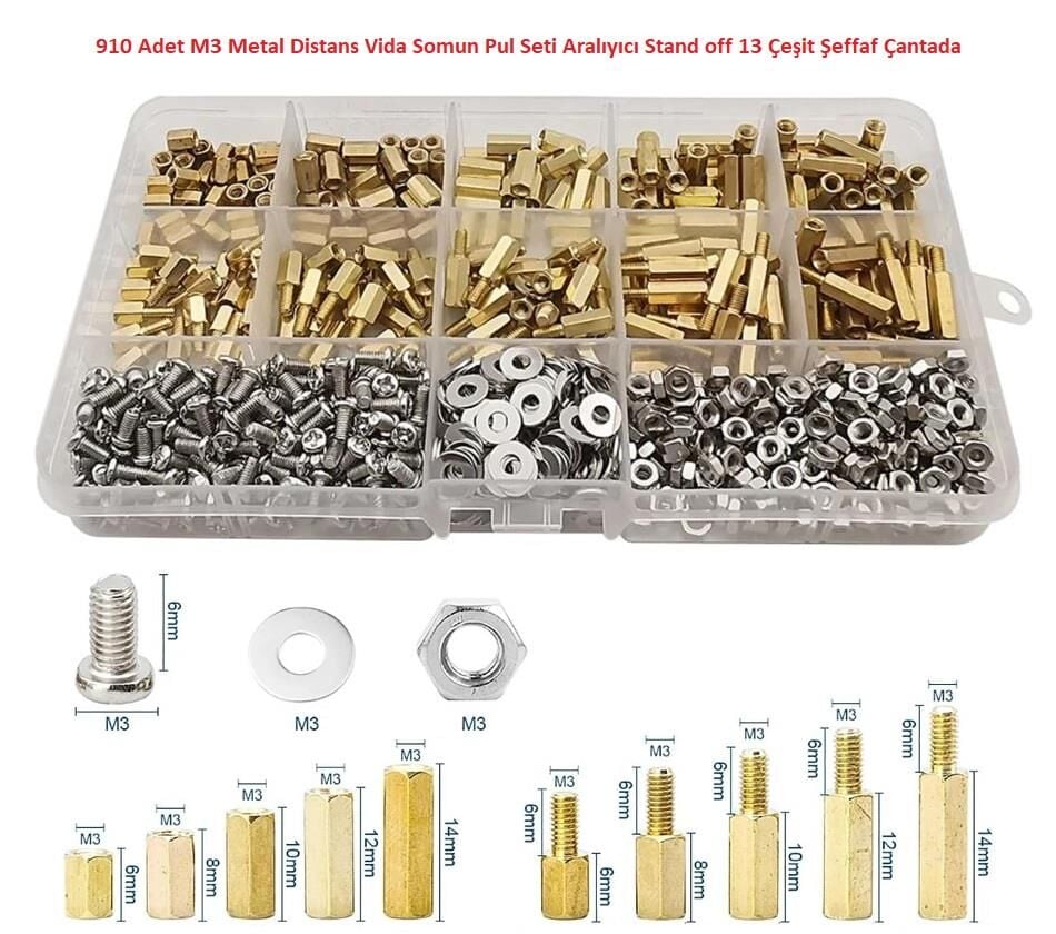 910 Adet M3 Metal Distans Vida Somun Pul Seti Aralıyıcı Stand off 13 Çeşit Şeffaf Çantada