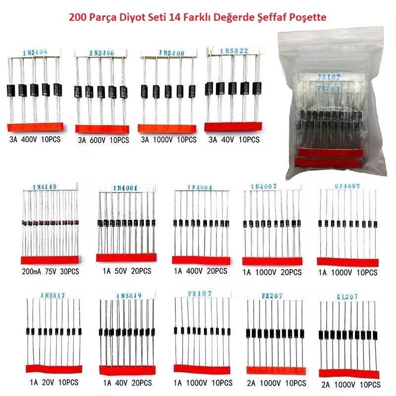 200 Parça Diyot Seti 14 Farklı Değerde Şeffaf Poşette