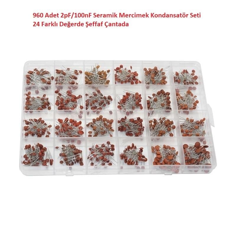 960 Adet 2pF/100nF Seramik Mercimek Kondansatör Seti 24 Farklı Değerde Şeffaf Çantada