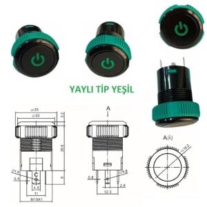 Buton Yuvarlak Yeşil Işıklı 19mm On Off  3 Pin  24v IPS19-10T-G ( Yaylı Tip )