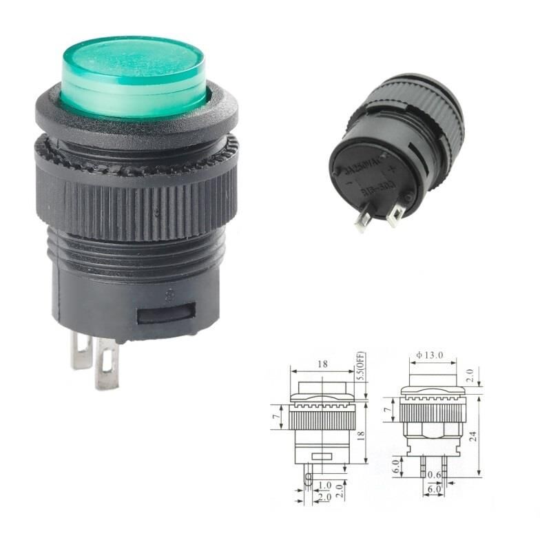 Buton Yeşil Yuvarlak 16mm Ø R16-503B 2 Pim Işıksız ( Yaylı Tip )