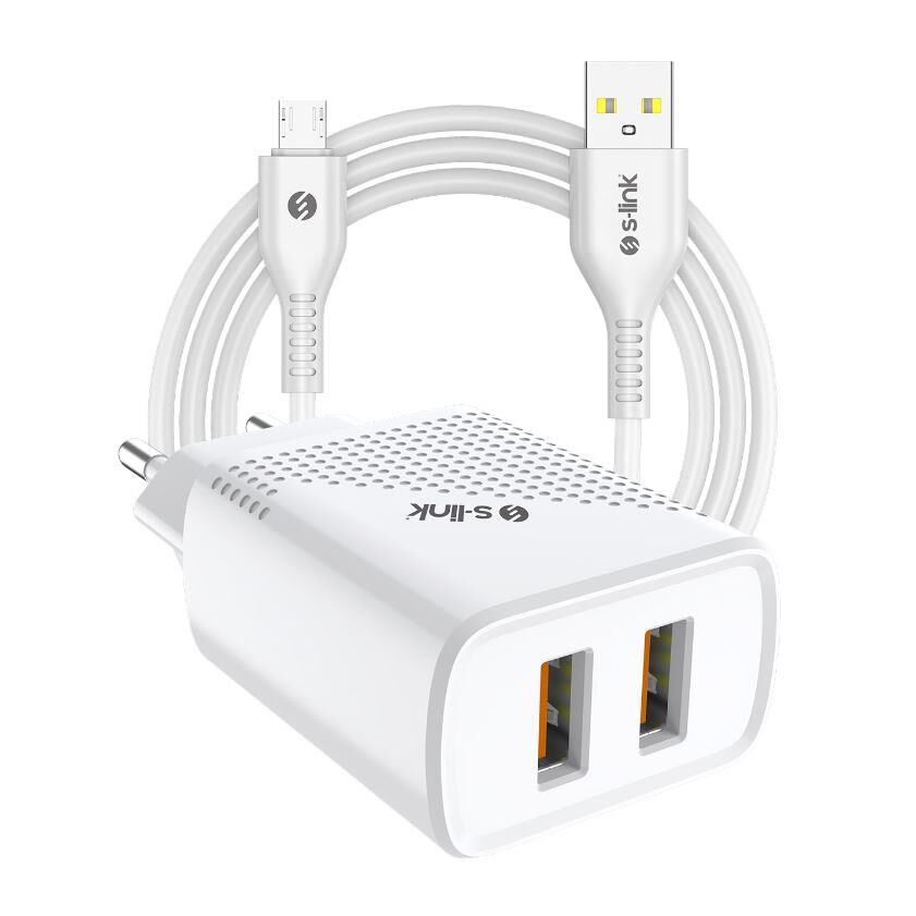 S-link SL-EC50 12w Hızlı Şarj 5V 2400MA İphone Kablolu 2 USB Çıkışlı Beyaz Ev Şarj Adaptörü