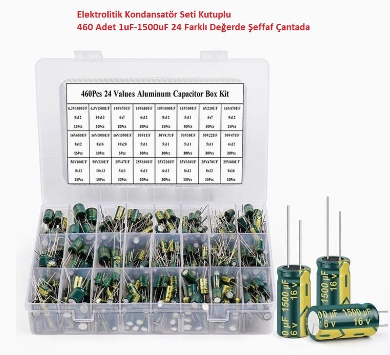 Elektrolitik Kondansatör Seti Kutuplu 460 Adet 1uF-1500uF 24 Farklı Değerde Şeffaf Çantada