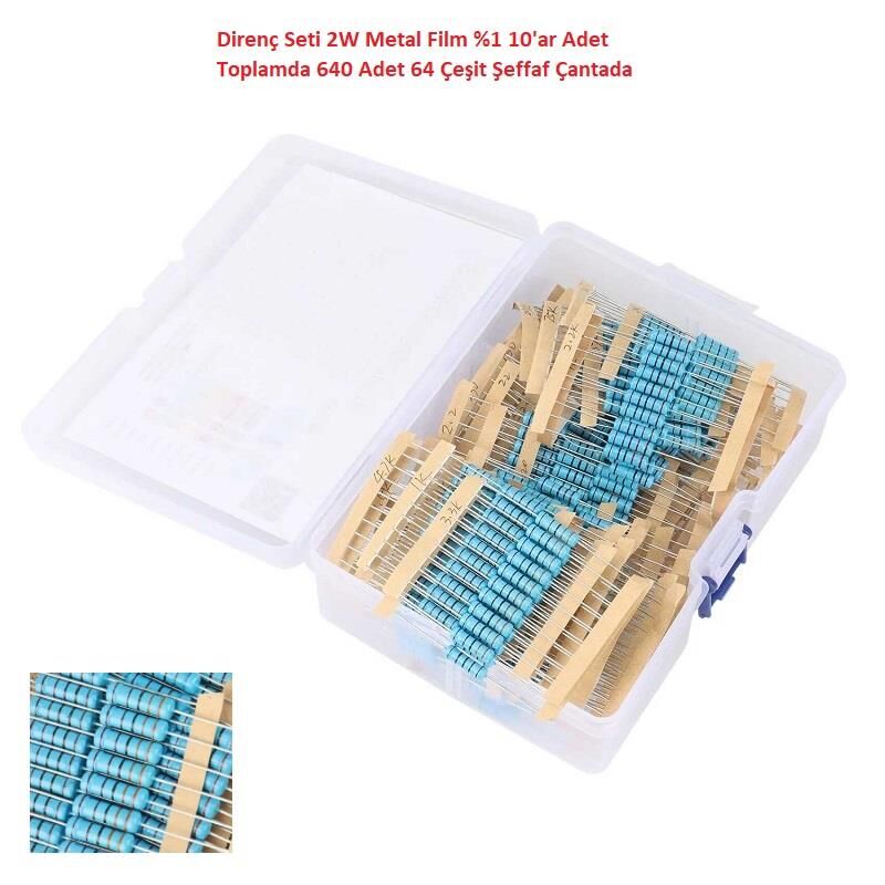 Direnç Seti 2W Metal Film %1 10'ar Adet Toplamda 640 Adet 64 Çeşit Şeffaf Çantada