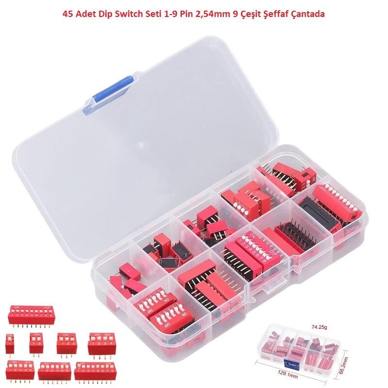 45 Adet Dip Switch Seti 1-9 Pin 2,54mm 9 Çeşit Şeffaf Çantada