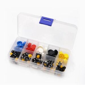 50 Parça Tact Switch Buton Seti 12x12 7,3mm Kare Dip Kılıf ve 5 Renk Kapak Plastik Çantada