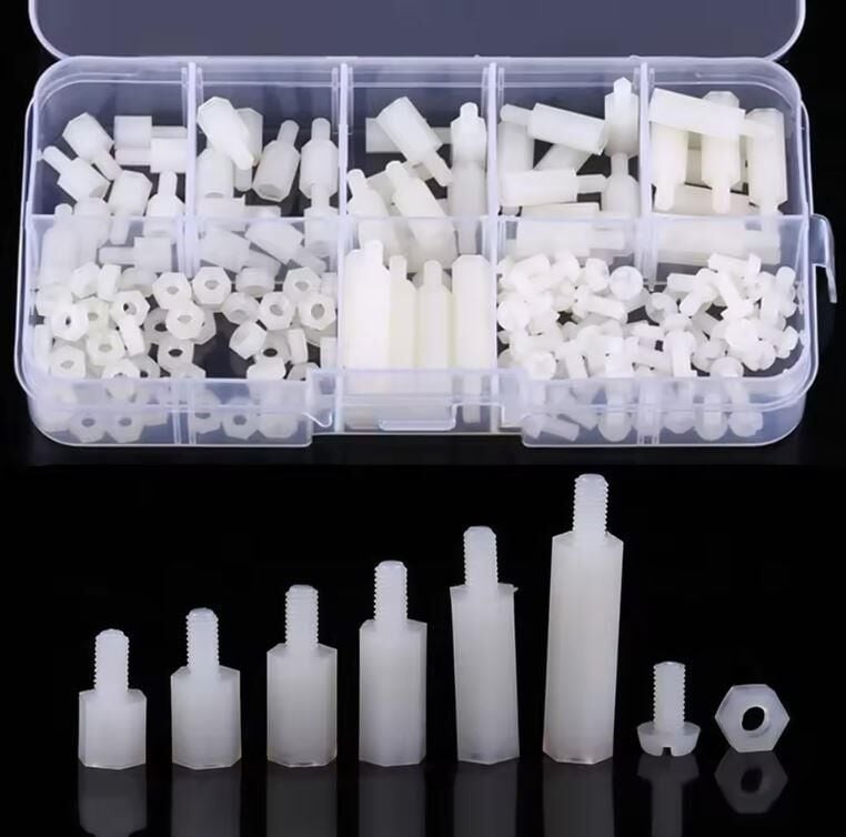 180 Adet M3 Plastik Distans Vida Somun Seti Beyaz Aralıyıcı Stand off 8 Çeşit Şeffaf Çantada