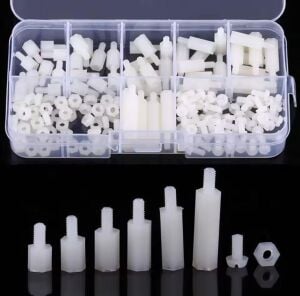 180 Adet M3 Plastik Distans Vida Somun Seti Beyaz Aralıyıcı Stand off 8 Çeşit Şeffaf Çantada