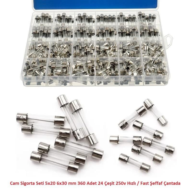 Cam Sigorta Seti 5x20 6x30 mm 360 Adet 24 Çeşit 250v Hızlı / Fast Şeffaf Çantada