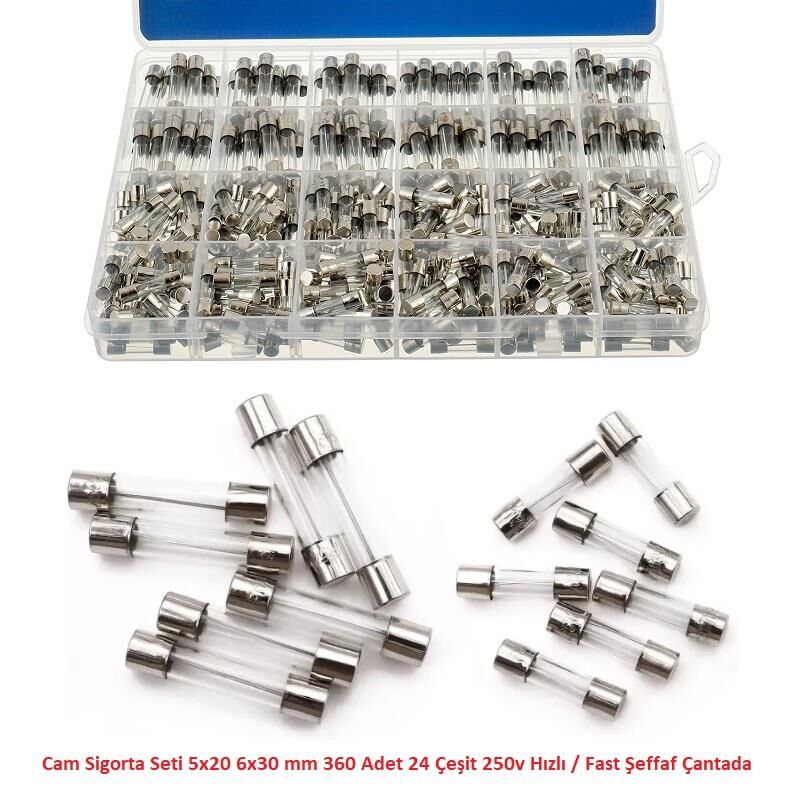 Cam Sigorta Seti 5x20 6x30 mm 360 Adet 24 Çeşit 250v Hızlı / Fast Şeffaf Çantada