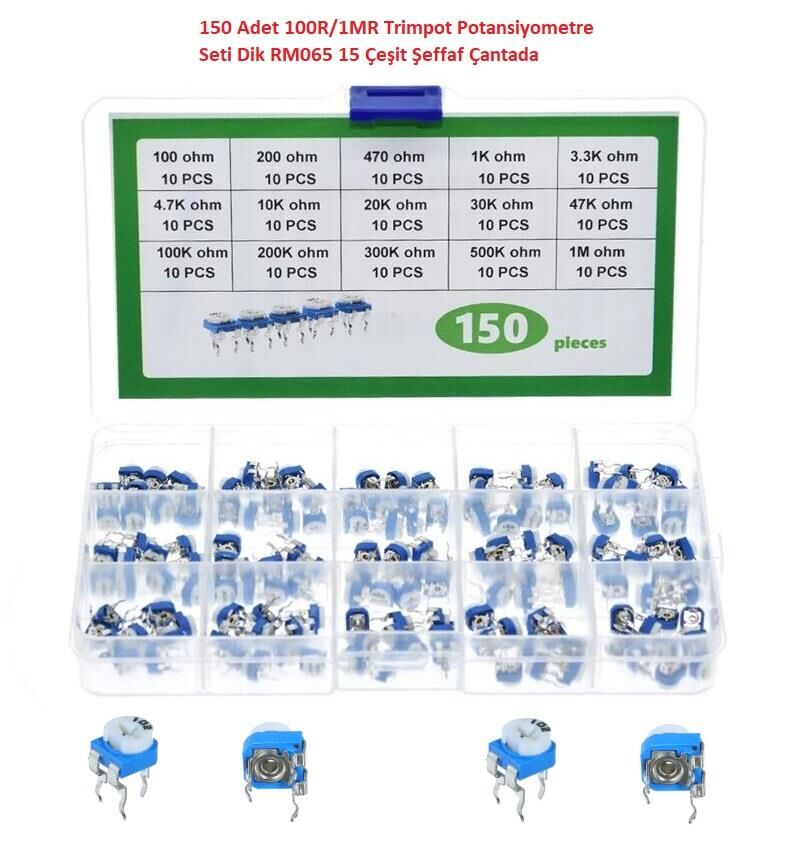 150 Adet 100R/1MR Trimpot Potansiyometre Seti Dik RM065 15 Çeşit Şeffaf Çantada