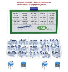 150 Adet 100R/1MR Trimpot Potansiyometre Seti Dik RM065 15 Çeşit Şeffaf Çantada