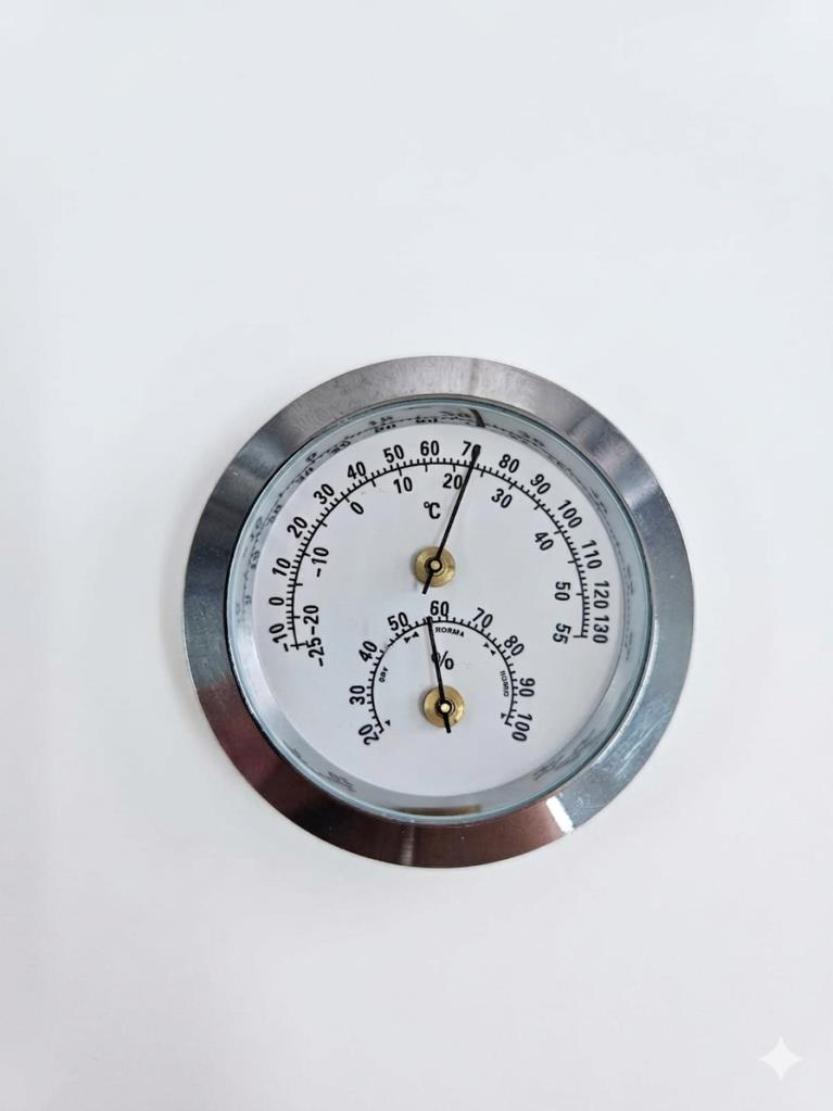ANALOG GÜMÜŞ YUVARLAK ISI NEM ÖLÇER BİMETAL TERMOMETRE  -25+55C / %20-100 nem çap:50mm