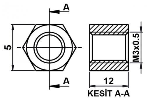 DİSTANS  METAL  AK-YP-412  12 mm  DİŞİ - DİŞİ  YÜKSELTEC