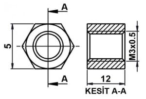 DİSTANS  METAL  AK-YP-412  12 mm  DİŞİ - DİŞİ  YÜKSELTEC