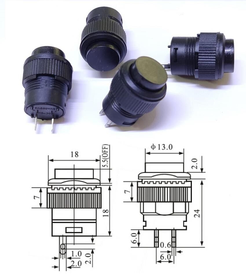 Anahtar Siyah Yuvarlak 16mm Ø R16-503A 2 Pim Işıksız ( Kalıcı Tip )