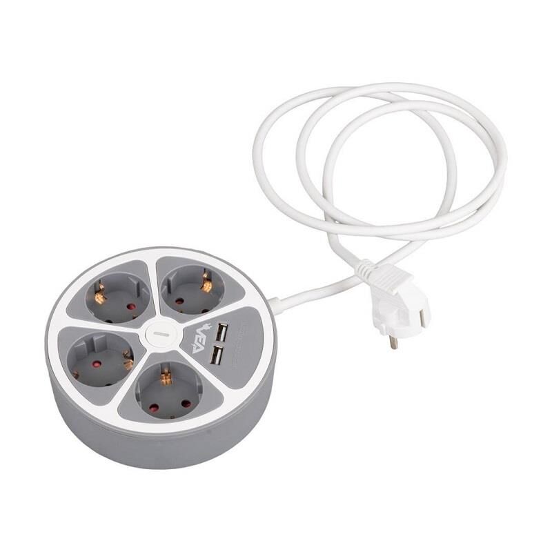 VEA VE-G604YU Yuvarlak Grup Priz 4'Lü 2 USB Girişli 1.5 Metre Anahtarlı