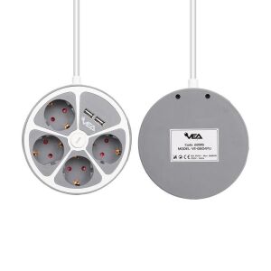 VEA VE-G604YU Yuvarlak Grup Priz 4'Lü 2 USB Girişli 1.5 Metre Anahtarlı