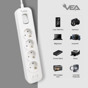 VEA VE-NOVA104 A Class Gri Akım Korumalı Grup Priz 4'Lü 1.5 Metre Anahtarlı (Made in Malaysia)