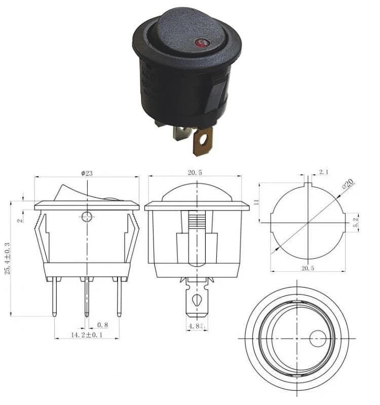 Anahtar Yuvarlak Siyah NOKTA LED KIRMIZI Işıklı 3 Pin 20a ( 12V ) Kcd1-5 / Ic-133 ( Kalıcı Tip )