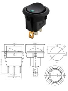 Anahtar Yuvarlak Siyah NOKTA LED YEŞİL Işıklı 3 Pin 20a ( 12V ) Kcd1-8 / Ic-132a ( Kalıcı Tip )