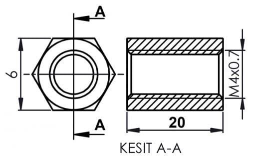 DİSTANS  METAL  AK-YP-4020  METRİK 4  20mm  DİŞİ - DİŞİ YÜKSELTEC