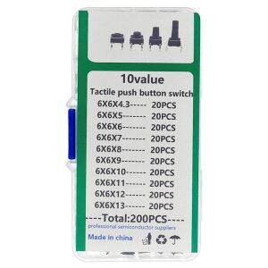 200 Parça Tact Switch Seti 6x6 Dip Kılıf 10 Farklı Boy Plastik Çantada