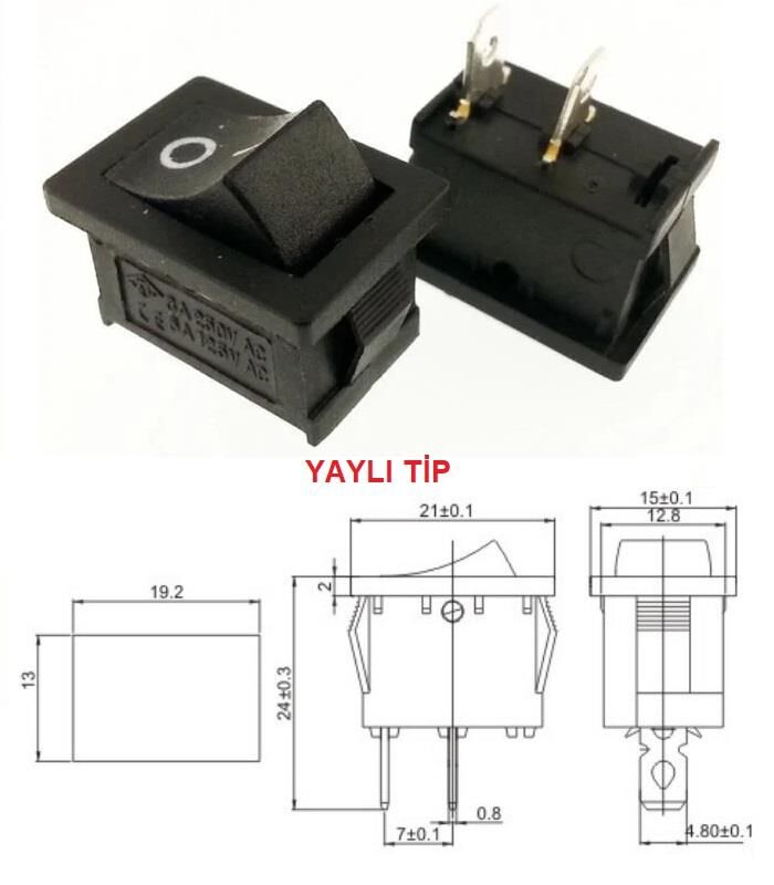 Buton Mini Siyah On Off ( On Mom ) Işıksız 2 Pin 6a 250v Kcd1-2 / Ic-124 ( Yaylı Tip)
